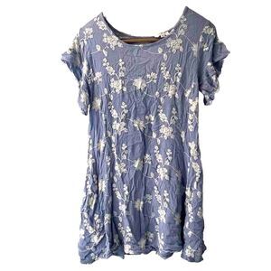 Umgee Womens Boho Top M Blouse Blue Embroidered Flowers Pockets Ruffle Sleeve